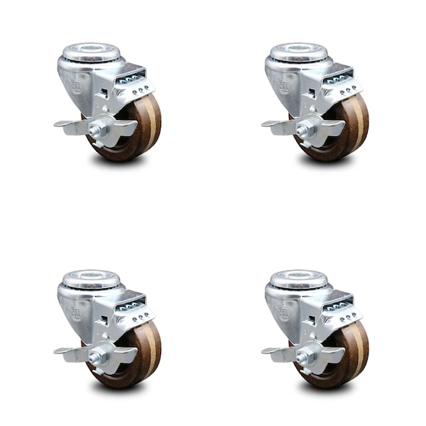 Service Caster 3 Inch High Temp Phenolic Wheel Swivel Bolt Hole Caster Set with Brake SCC SCC-BH20S314-PHRHT-TLB-4 - main